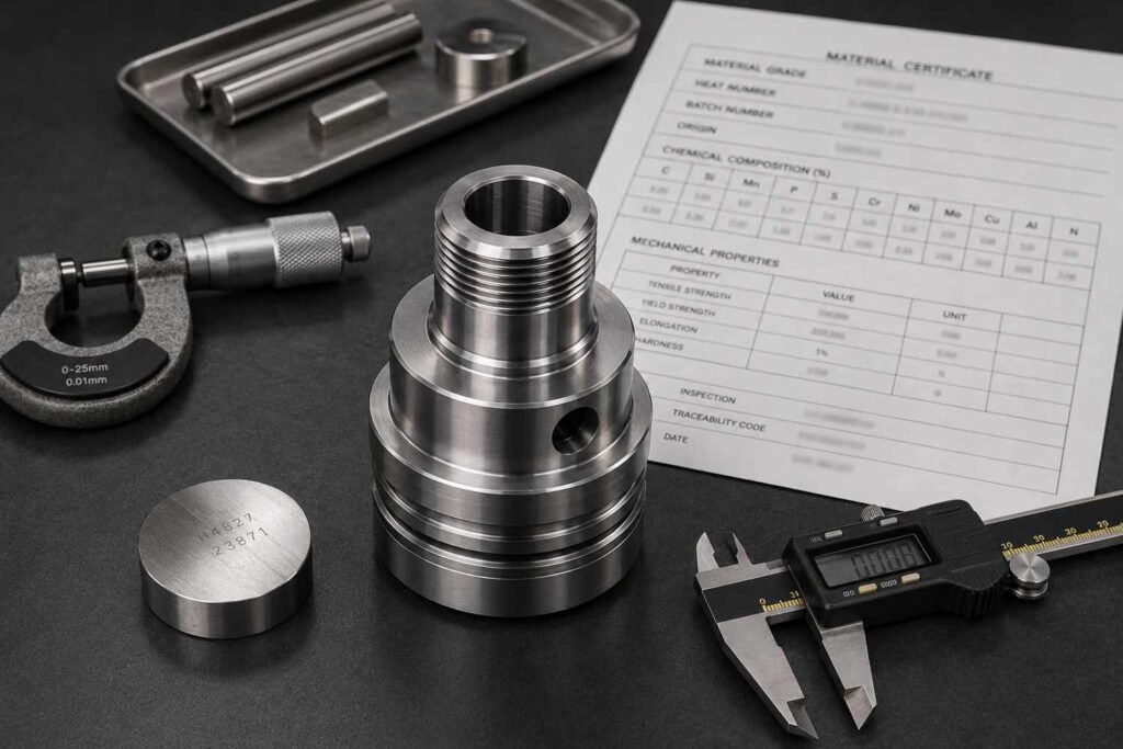 Precision steel automotive component with material traceability documentation