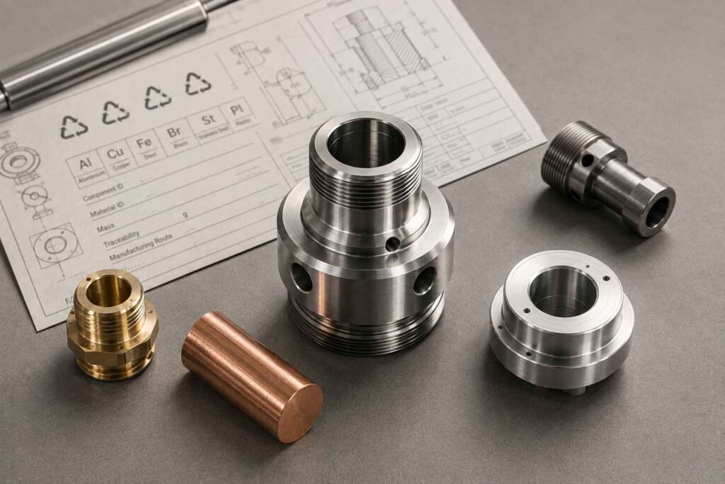 Precision automotive component with brass copper aluminium and steel materials for circularity