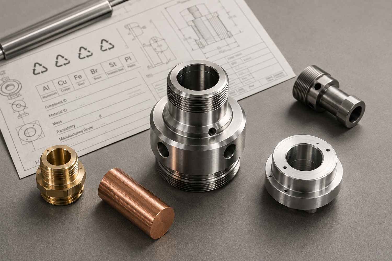 Precision automotive component with brass copper aluminium and steel materials for circularity