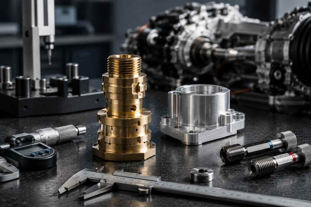 Precision brass automotive component undergoing dimensional inspection
