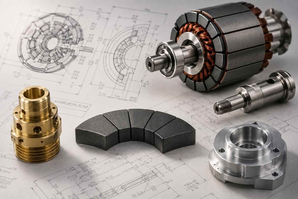 Sintered rare-earth magnet and precision motor components representing India's EV supply chain